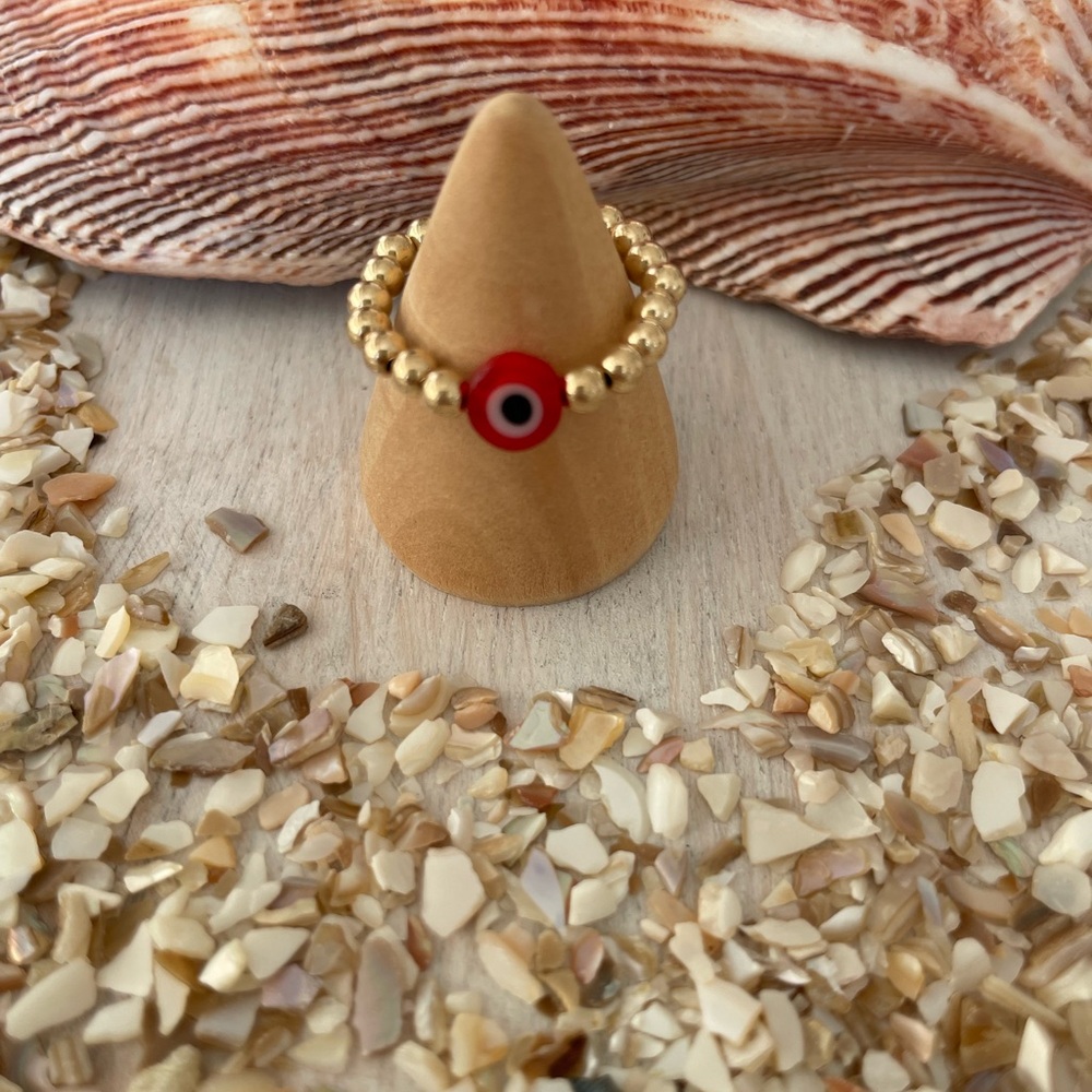 Red evil eye gold fill beaded ringl